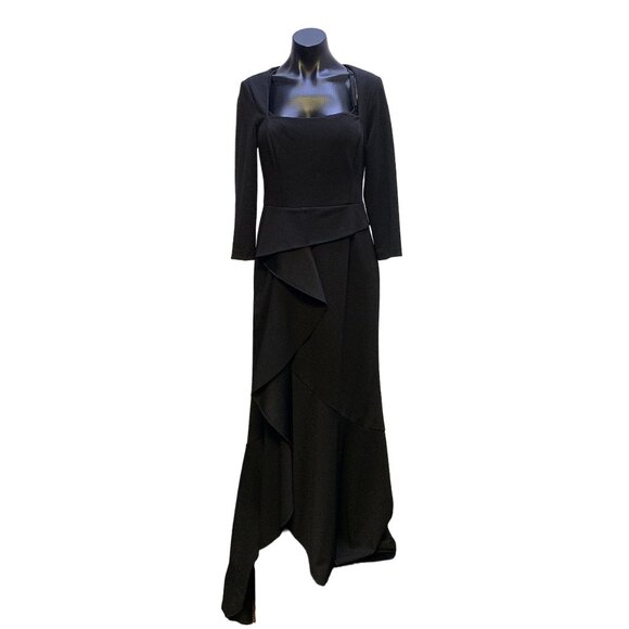 Adrianna Papell Black Evening Gown W/ Asymmetric Ruffle, Train,  & Open Back Det - Picture 1 of 5